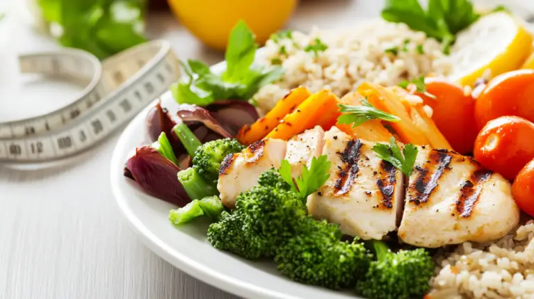 A vibrant and inviting plate of weight-loss-friendly food, featuring a delicious and balanced meal. The plate includes lean proteins like grilled chicken or fish, a colorful array of roasted or steamed vegetables, and a small portion of whole grains like quinoa or brown rice. The meal is beautifully presented with garnishes like herbs or lemon slices, emphasizing both flavor and health. In the background, include hints of fitness and weight-loss goals, such as a measuring tape or a water bottle. The lighting is bright and motivating, evoking a sense of deliciousness, health, and progress toward weight loss.