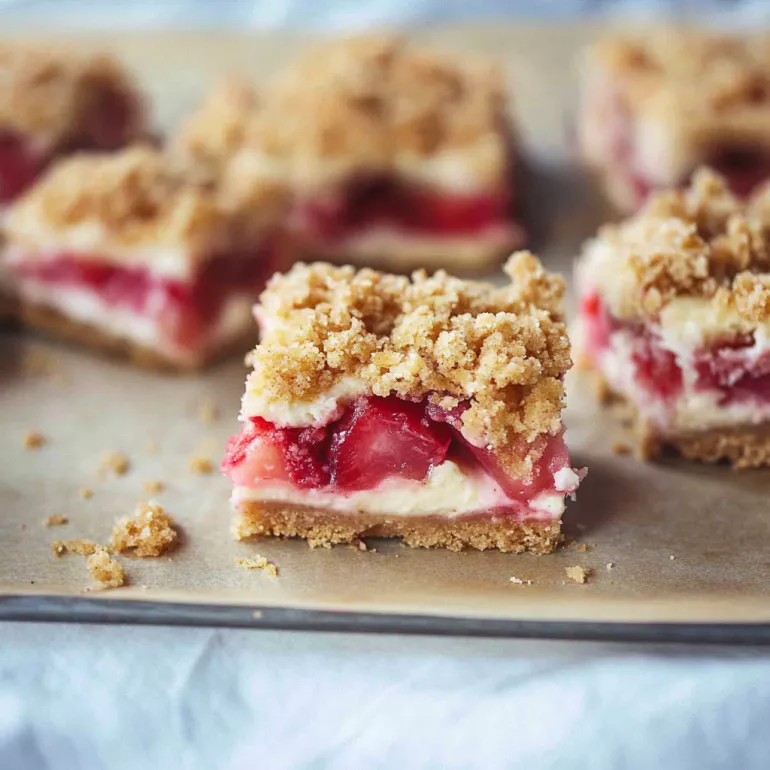 Strawberry Rhubarb Streusel Cheesecake Bars amaze taste buds!