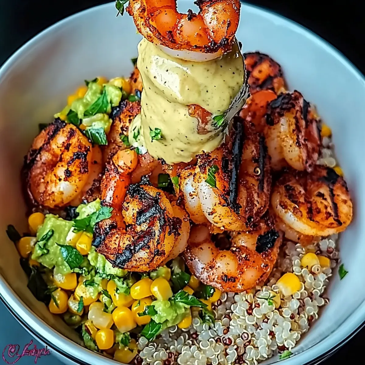 Grilled Shrimp Bowl with Avocado, Corn Salsa & Creamy Sauce