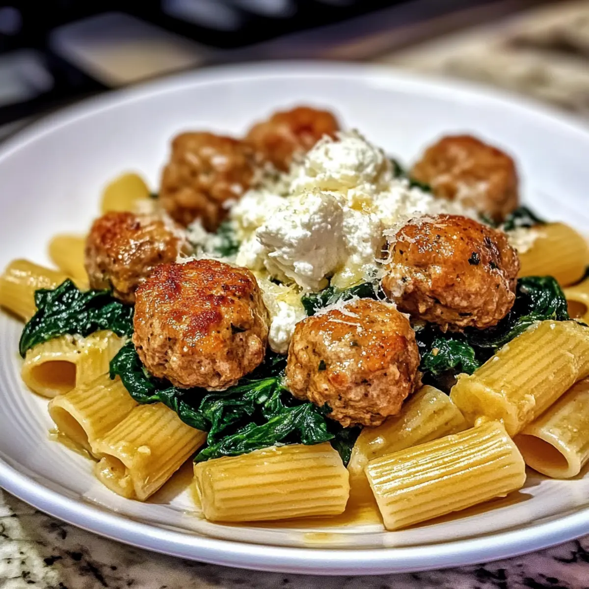 Zesty Turkey & Ricotta Meatballs with Garlic Spinach Rigatoni Bliss