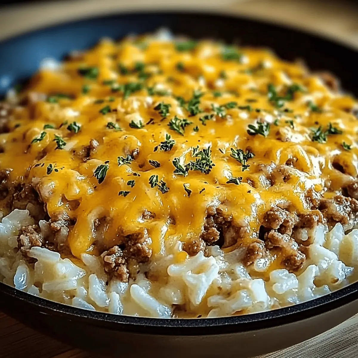Garlic Butter Beef and Rice Skillet with Cheddar Parmesan Bliss