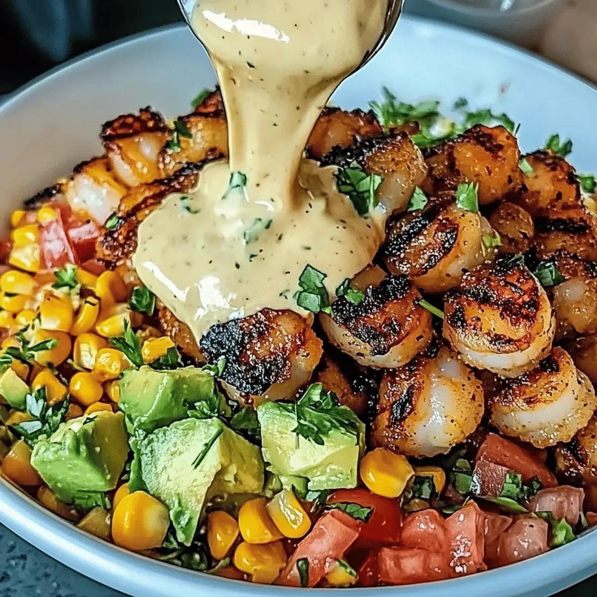 Grilled Shrimp Bowl with Avocado, Corn Salsa & Creamy Garlic Sauce