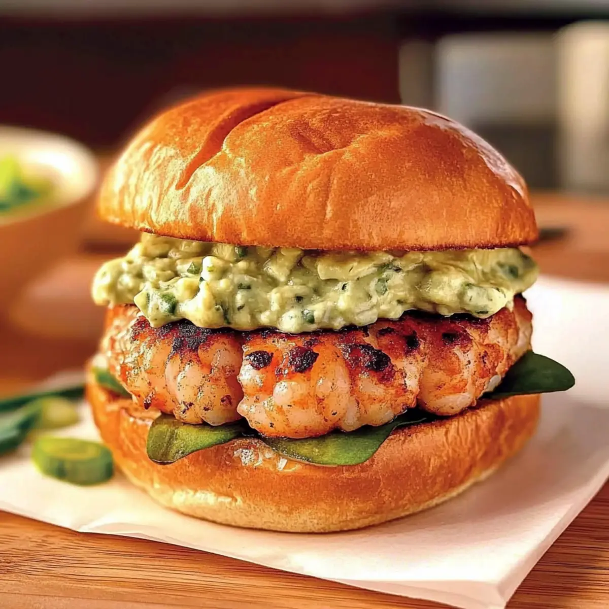 Chunky Shrimp Burgers with Avocado Aioli sauce
