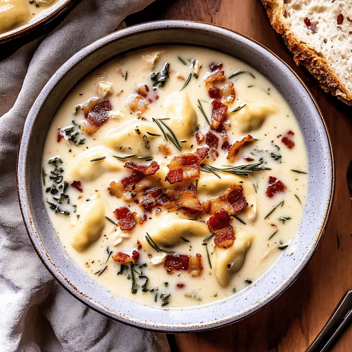 Creamy Pierogi Chicken Soup with Rosemary Bacon for Cozy Nights