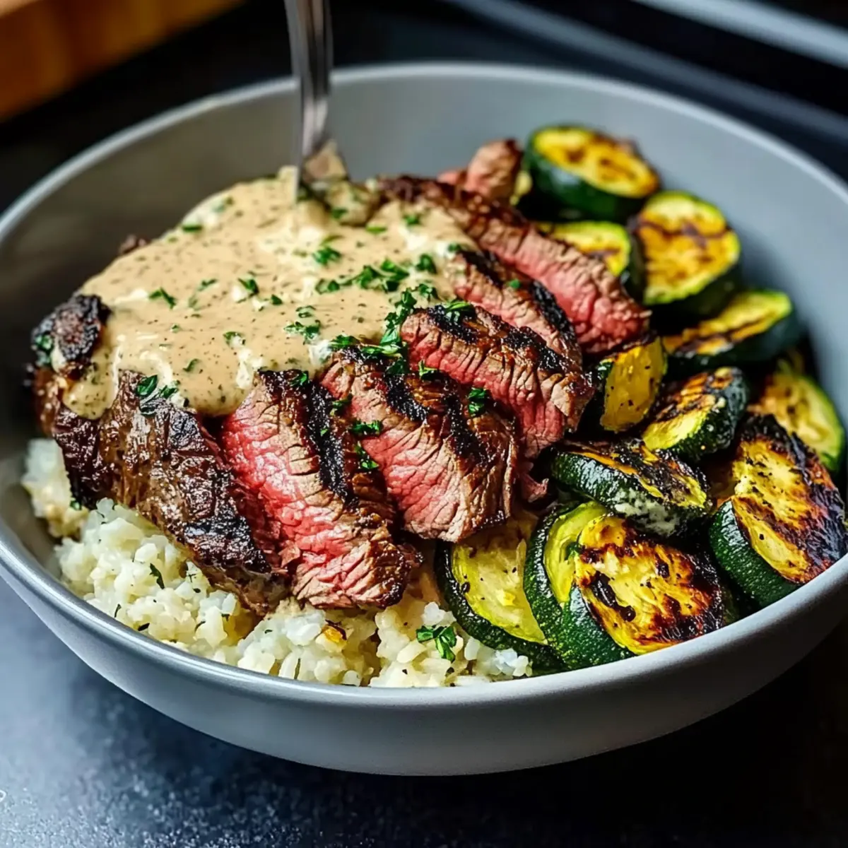Grilled Steak Bowl with Sauce & Grilled Zucchini Delight