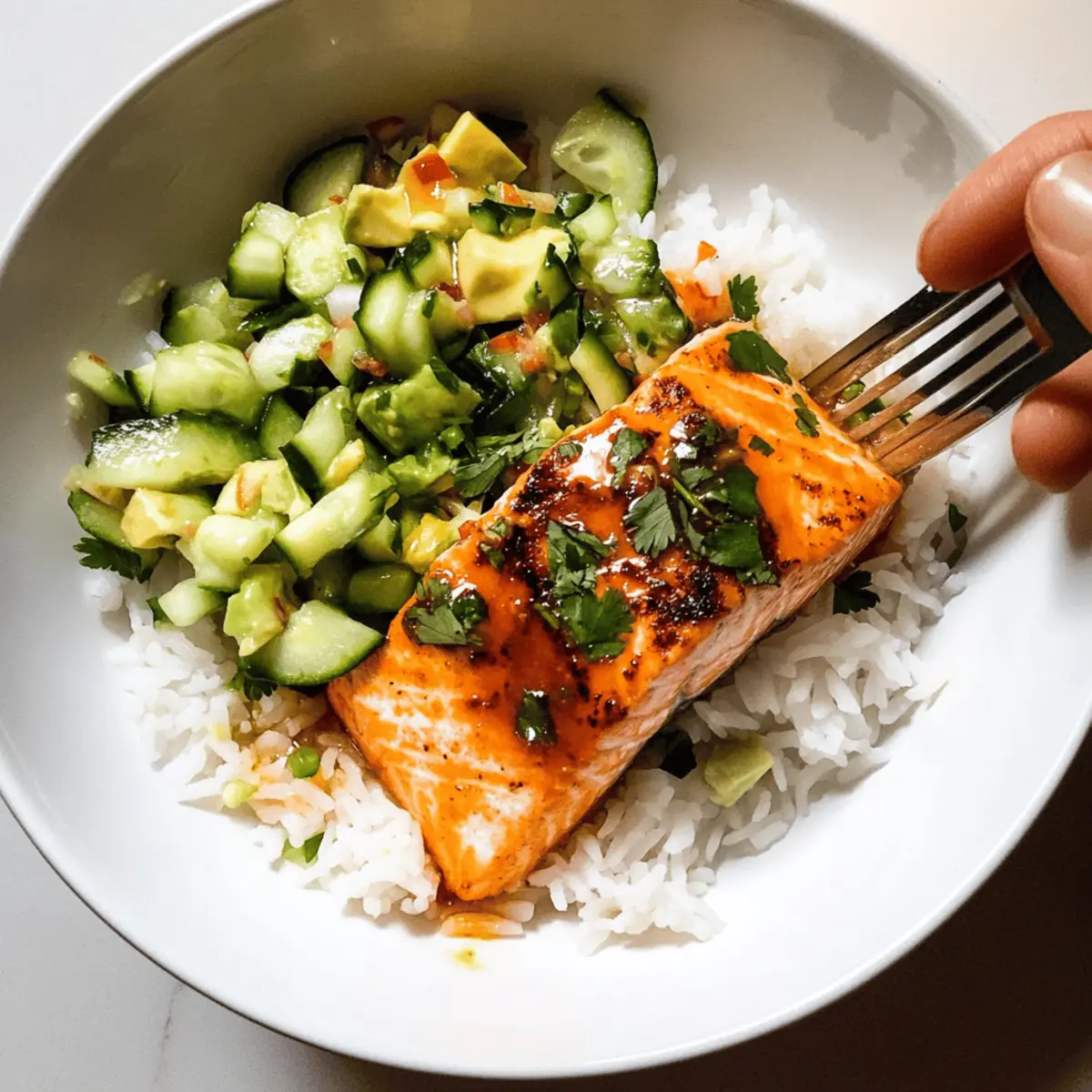 Bang Bang Salmon with Avocado Cucumber Salsa in 22 Minutes
