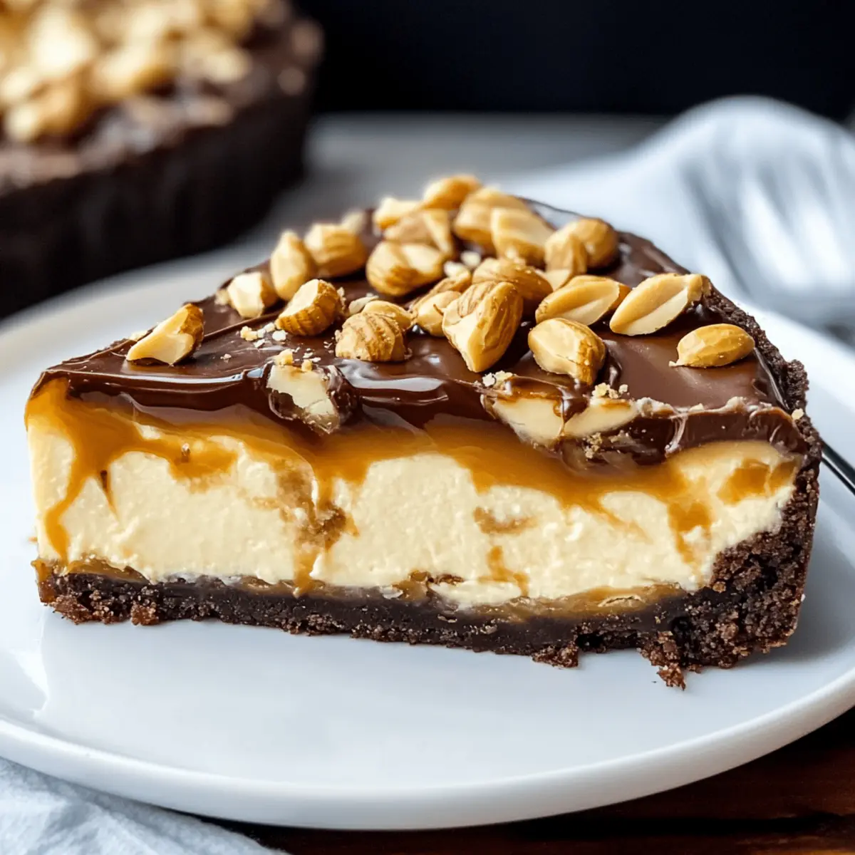 Indulge in Snickers Cheesecake with a Dark Chocolate Crust
